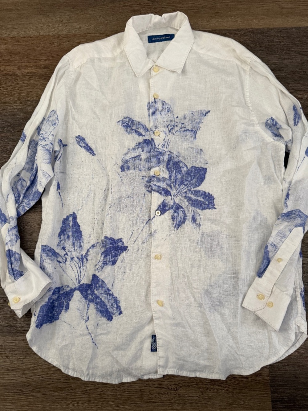 Tommy Bahama 100% linen men's long sleeve button up shirt sz L white blue floral